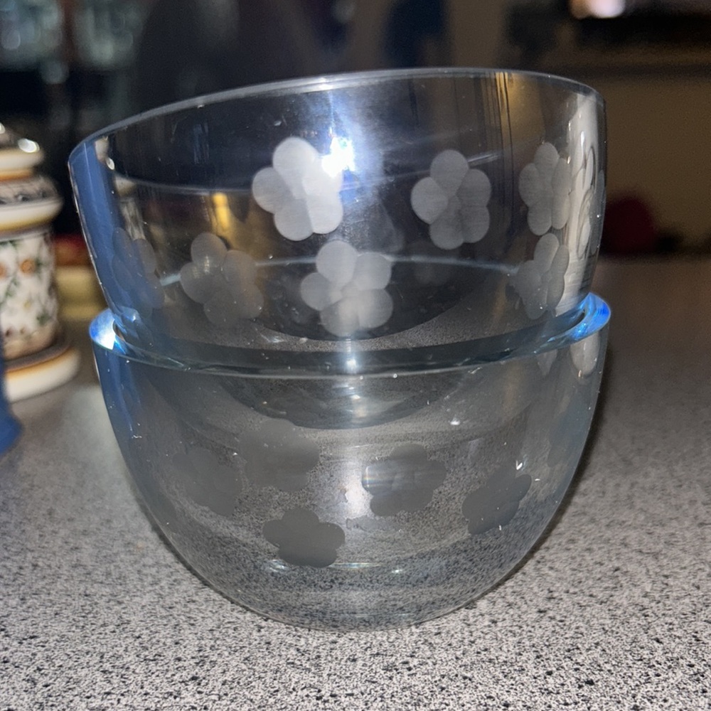 RARE! Partylite Thick Heavy Etched Floral Glass Votive Trinket Dishes set of 2 - Picture 2 of 6
